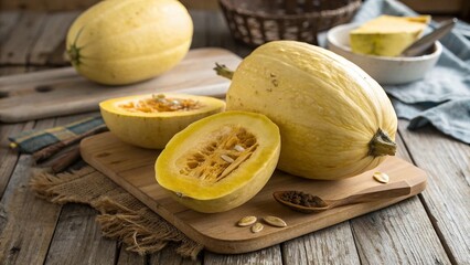 Spaghetti Squash Halves and Whole on Wood winter squash