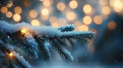 snow-covered pine tree branch with warm yellow lights glowing softly in a blurred festive background