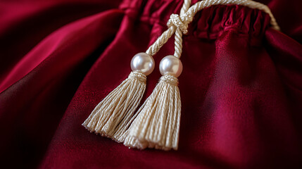 Close up of a burgundy velvet bag with white rope and pearl tassels creating a luxurious aesthetic