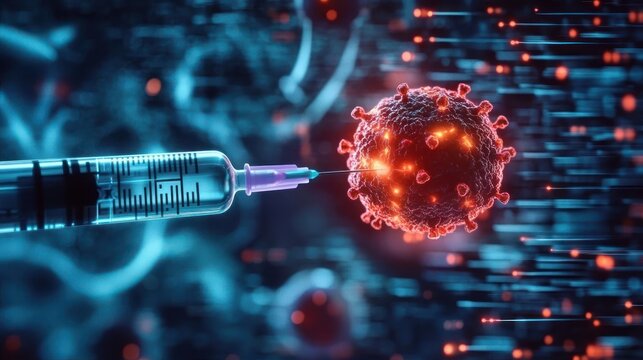 Close-up 3D visualization of a medical syringe injecting a virus particle illuminated with glowing red and orange spots on a dark blue blurred background