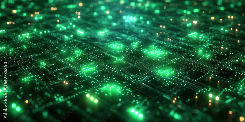 Aufkleber glowing green digital circuitry with illuminated connections and bright nodes creating a futuristic 
