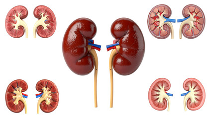 3D rendering shows two kidneys on a transparent background.