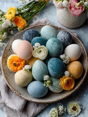 Obraz premium Pastel-colored Easter eggs arranged on a plate with flowers