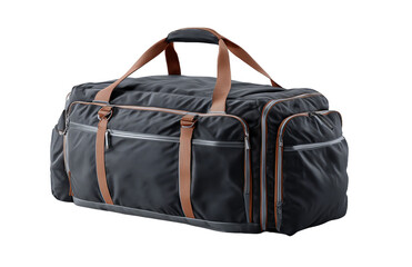Naklejka premium A large black duffel bag with brown straps, featuring multiple compartments and zippers, suitable for travel or sports activities.