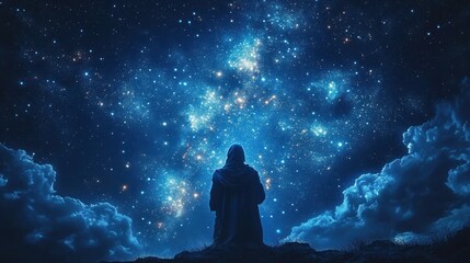 Fototapeta premium Person in a hooded cloak sitting alone on a hill under a vast, star-filled night sky with bright nebula clouds creating a sense of wonder and introspection