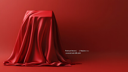 A red silk cloth draped over a box on a red background in a studio setting with soft lighting