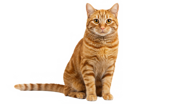 Ginger tabby cat sitting and looking at the camera isolated on transparent background