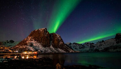 Northern Lights over a fjord and mountains