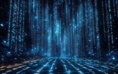 Futuristic digital data stream with glowing blue binary code falling vertically in a dark virtual environment conveying technology and information flow