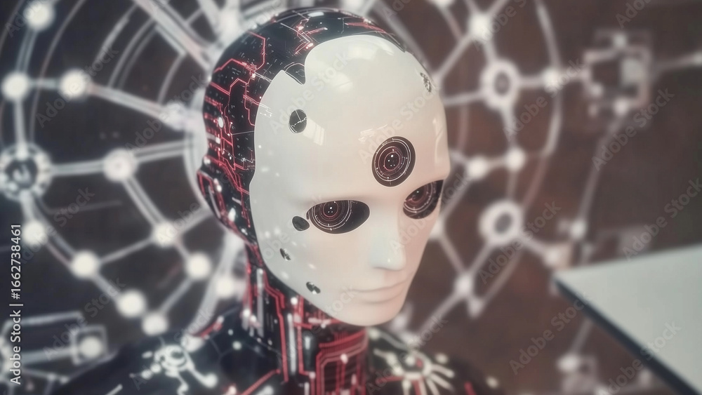 Poster exploring the concept of machine consciousness through the detailed face of a futuristic android, sy