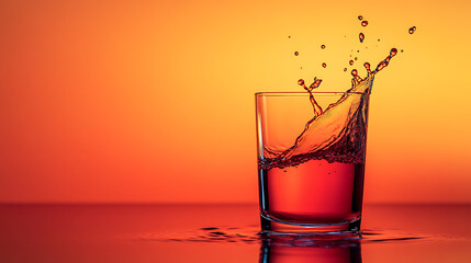 A glass with liquid splashing against an orange background creating a dynamic water movement effect