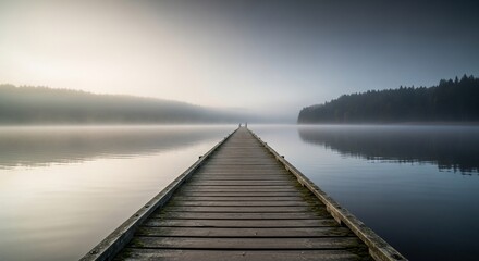 Naklejka premium Misty Morning at the Lake: Wooden Dock Extending to Serene Waters