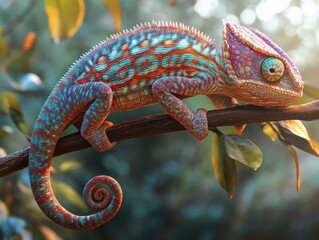A chameleon gripping a branch with its zygodactyl feet, its curled tail balancing its body