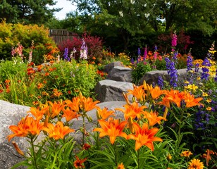 Vibrant flower garden with orange lilies and various blooms