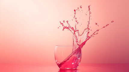 A glass of red liquid splashing against a pink background in a studio setting with bright lighting