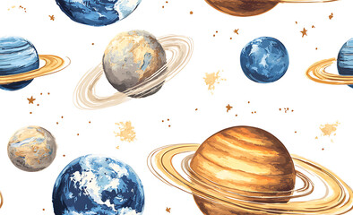 Planetary and stellar pattern, cute cartoon style, white background, watercolor clipart, pastel colors, vector illustration, high resolution, high detail, seamless patterns, no shadows, no outlines