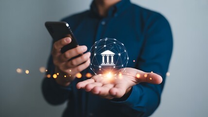 Man using mobile banking app on smartphone for online transaction