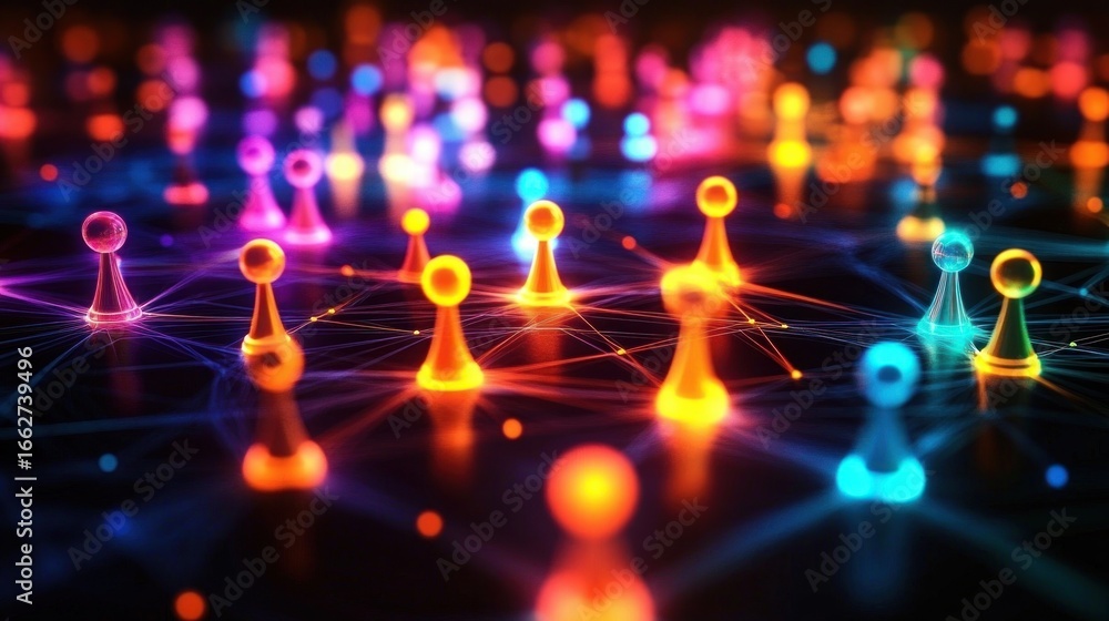 Aufkleber glowing network of interconnected colorful game piece pawns symbolizing digital connections and data