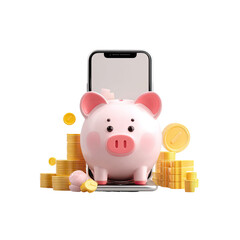 Cute piggy bank with phone, surrounded by coins