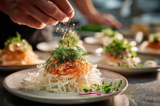 Plate of Esqueixada, vibrant shredded salt cod salad garnished with fresh ingredients. Concept of culinary artistry, highlighting Esqueixada's flavors and textures.