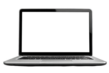 Front view of a silver laptop with a blank white screen
