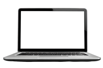 Front view of a silver laptop with a blank white screen