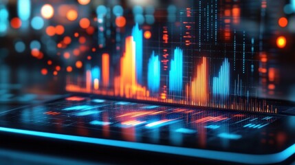 Digital 3D holographic financial bar and line charts glowing in blue and orange colors over a touchscreen device interface displaying dynamic data analysis