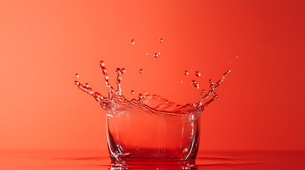 Water splashing out of a glass on a red background creating a dynamic and visually appealing image