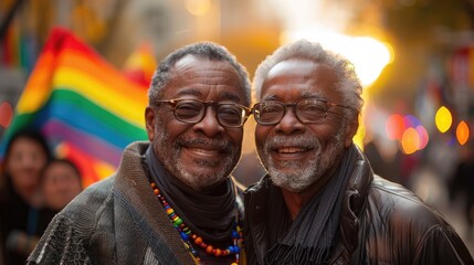 Happy african american senior gay male couple embracing at pride month wearing glasses hats Smiling black homosexual elderly men.