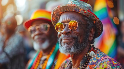 Happy african american senior gay male couple embracing at pride month wearing glasses hats Smiling black homosexual elderly men.