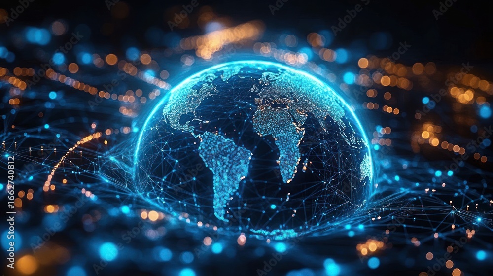 Aufkleber digital representation of earth with glowing blue continents and interconnected network nodes symbol