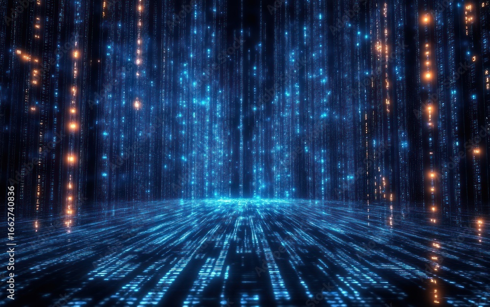 Aufkleber futuristic digital space filled with glowing blue and orange streaming data lights, creating immersi