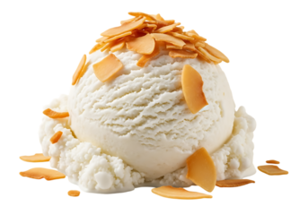 Vanilla ice cream scoop with flaked almonds, isolated on transparent background