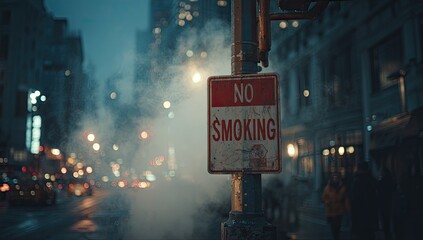 A city street scene at night, with a "No Smoking" sign in focus, shrouded in a plume of vapor
