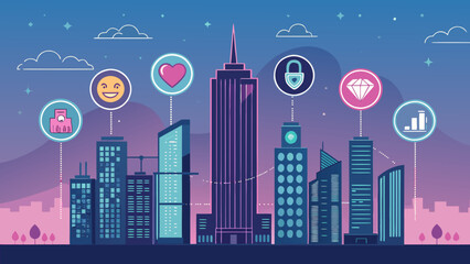 Futuristic cityscape infographic with buildings for digital citizenship pillars, glowing accents, and student avatars.