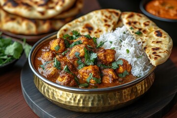 Bowl of paneer curry garnished with cilantro served with white rice and naan bread on wooden tray