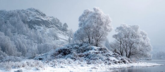 Winter wonderland landscape with frosted trees and snow-covered rocks by a lake