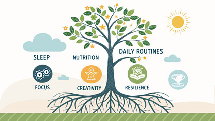 Vertical tree infographic with roots as habits, trunk as routines, branches as skills, icons of wellness, and organic friendly design.