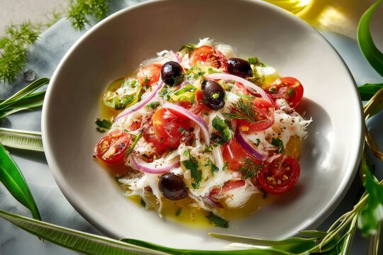 Esqueixada, colorful salad with shredded salt cod salad, tomatoes, olives, onions, dill, olive oil. Concept of Esqueixada, vibrant and fresh culinary creation, healthy dish.