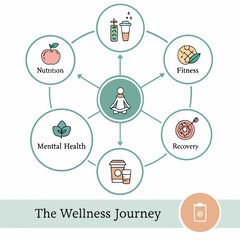 Wellness Journey circular infographic with health nodes, icons, and pastel colors.