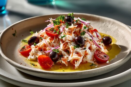 Esqueixada, shredded salt cod salad arranged appetizingly on plate, bright natural lighting, fresh colors. Concept of Esqueixada highlighting culinary elegance and freshness.