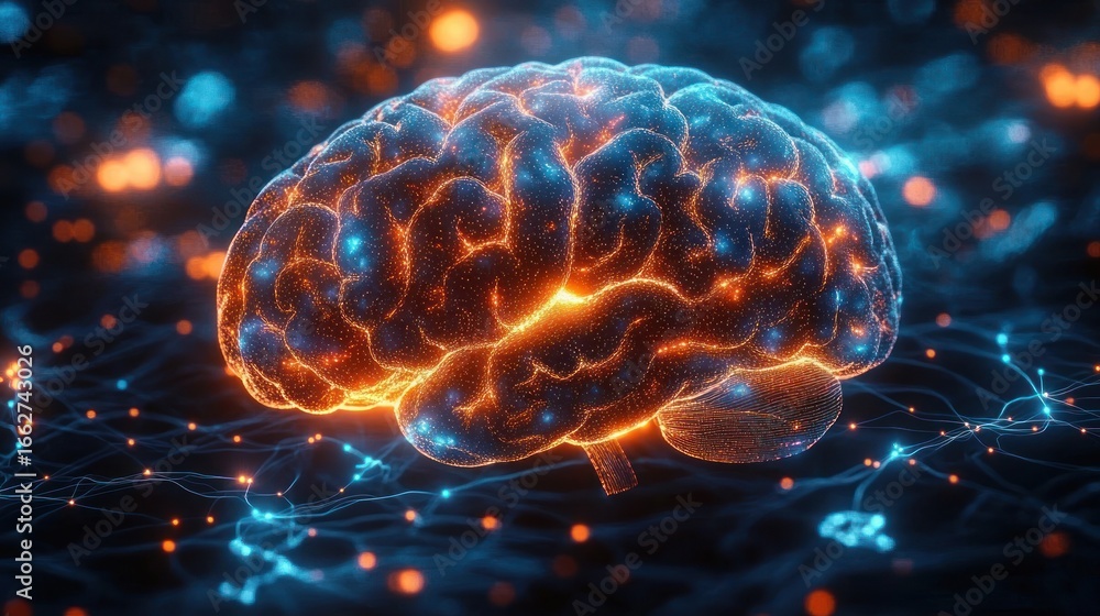 Aufkleber 3d digital rendering of a glowing human brain with vibrant orange and blue neural network connection