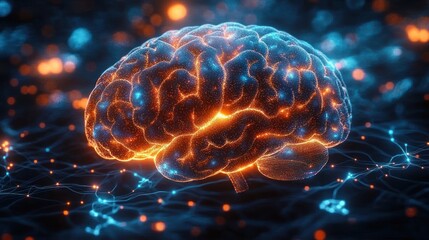 3D digital rendering of a glowing human brain with vibrant orange and blue neural network connections symbolizing brain activity and intelligence