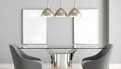  A chic glass-top dining table with upholstered chairs, two ISO A poster mockups in brushed silver frames above, styled with contemporary pendant lamps.