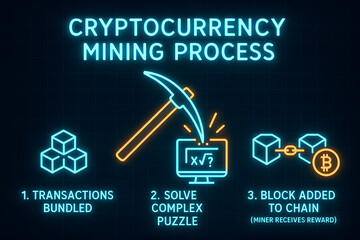 Cryptocurrency Mining Process Infographic with Blockchain Validation for Digital Currency