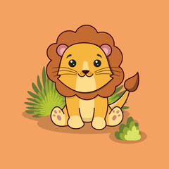 A funny cartoon illustration of a cute smiling baby lion character with nature elements isolated background