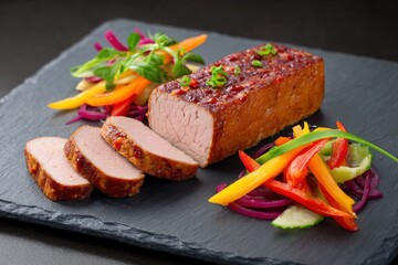 Sliced roasted pork loin with colorful vegetable garnish on black slate