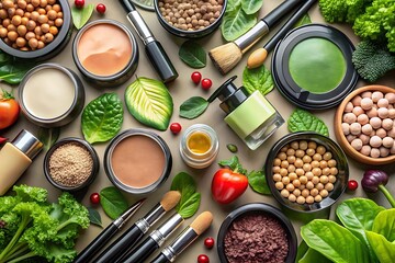 Table with many different items including makeup and vegetables