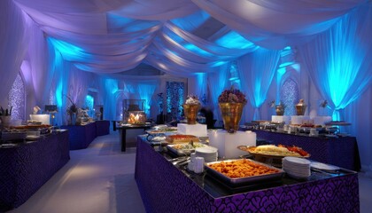 Elegant buffet displaying catering food in lavish blue decorated room