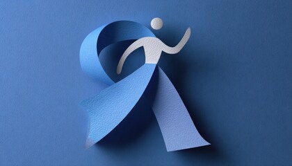 Paper figure running with blue awareness ribbon, promoting health and support